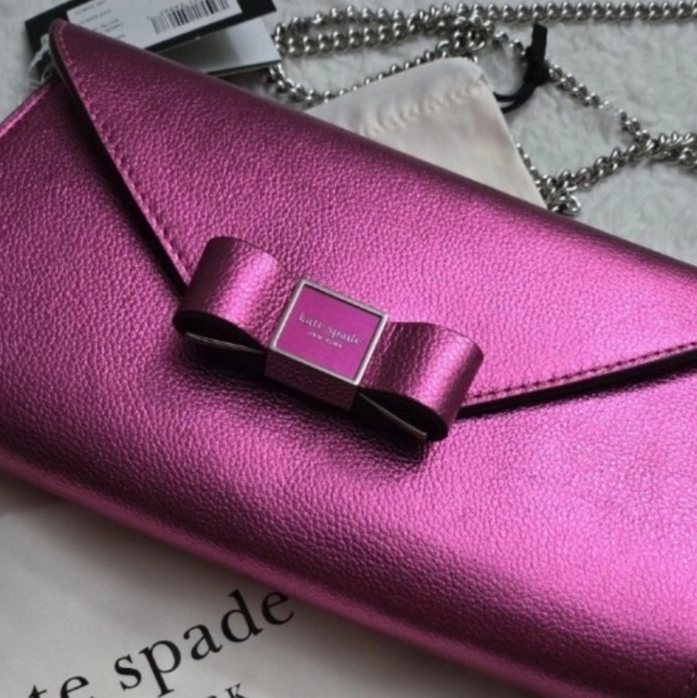 Kate Spade Metallic Pebble Envelope XBody Morgan Bow Bikini Pink NWT 24 " Chain - Picture 9 of 12